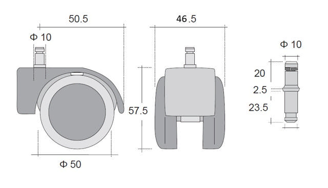 Office Chair Castor,ø50mm,Soft, ø10mm Pin, Black/Grey,Hooded