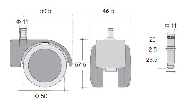 Office Chair Castor,ø50mm,Soft, ø11mm Pin, Black/Grey,Hooded