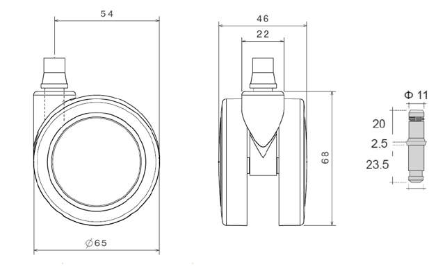 Office Chair Castor, ø65mm, Hard, ø11mm Pin, Black, No Hood,