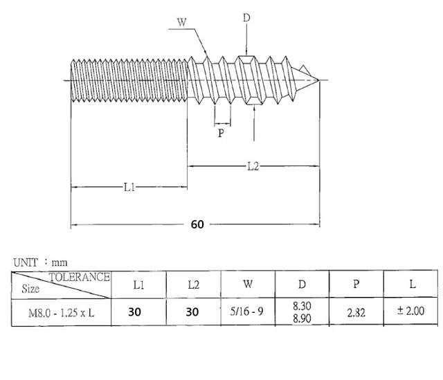 Hangerbolt, Cylindrical, M8x60mm, 50/50, Steel-YZP