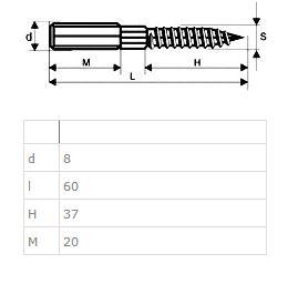 Hangerbolt, Cylindrical, M8x60mm, Stainless Steel A2, 20/37
