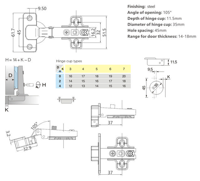Maxi Hinge, Steel, NPL, 105DG, 