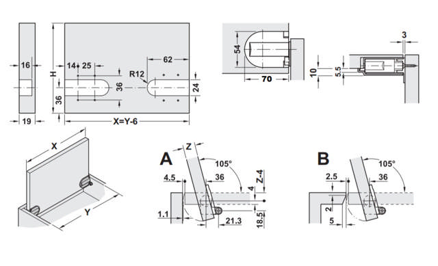 Lid Hinge, Soft Close, Black, Left+Right, 4-10 KG, 105 DG