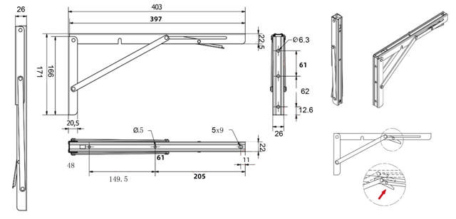 Folding Bracket, SS-304, Raw, 400mm,Self Locking,Max Load: