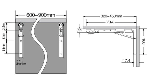 Folding Bracket W/Soft Close, SS-304 Polished, 314mm, Max