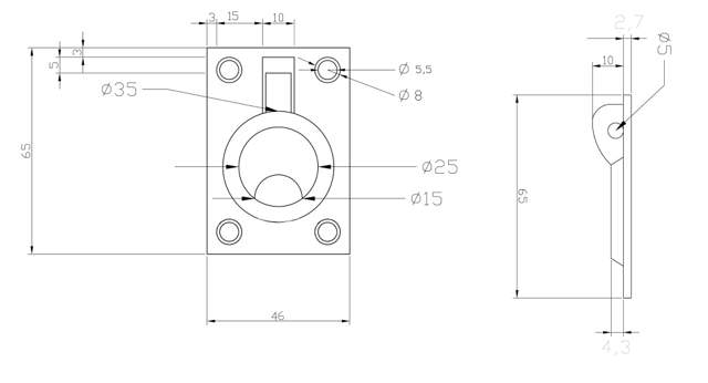 Drop Pull Ring Handle SS-304 - Brushed, Concealed, 65x46mm,
