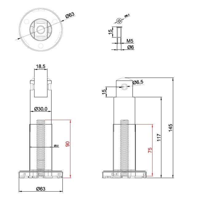 Panel Support Leg 118-175mm, F/10-18mm Panel, Black Finish