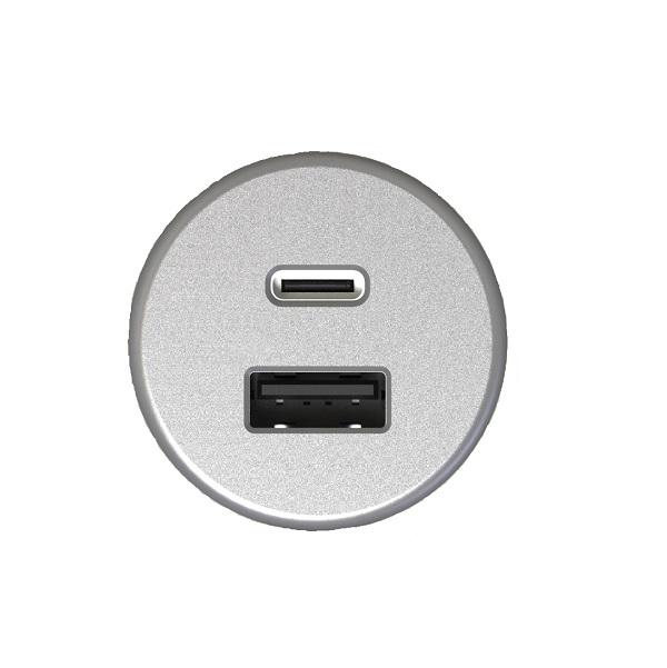 USB Charger (C+A), Round ø35mm, Silver ABS, W/Euro Plug &