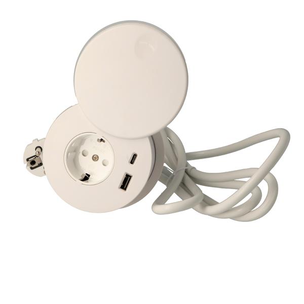 Power Socket W/Lid Cover, White, ø80mm, 1 EU Socket+2 USB